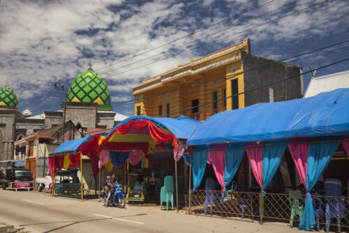 Horizontal view of some colorful tents for a wedding celebration, South Sulawesi